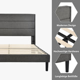 GFM Lit rembourré 140 x 200 cm - Cadre de lit avec sommier à lattes et tête de lit double rembourré - Housse textile en lin gris foncé - Design moderne intemporel - Lit pour adolescent