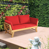 GOPLUS Canapé Lit de Jardin Extensible 2 Places Charge 320 KG, Accoudoirs Réglables, Coussins & Dossier Amovibles, Cadre en Bois d’Acacia Massif, pour Terrasse, Balcon, Parc, Patio（Coussin Rouge）