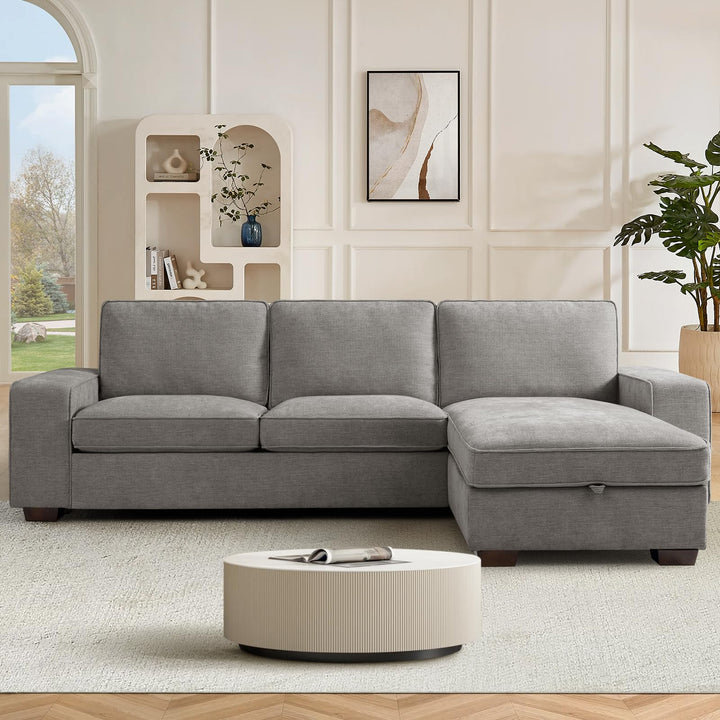 DUANDUAN Canapé d DUANDUAN Canapé d'angle Convertible 250 Cm avec Rangement, Sections Modulables, Charge USB Type‑C, Housses Amovibles, Assise Moderne en Tissu Chenille Confortable, Couleur Gris pour Salon