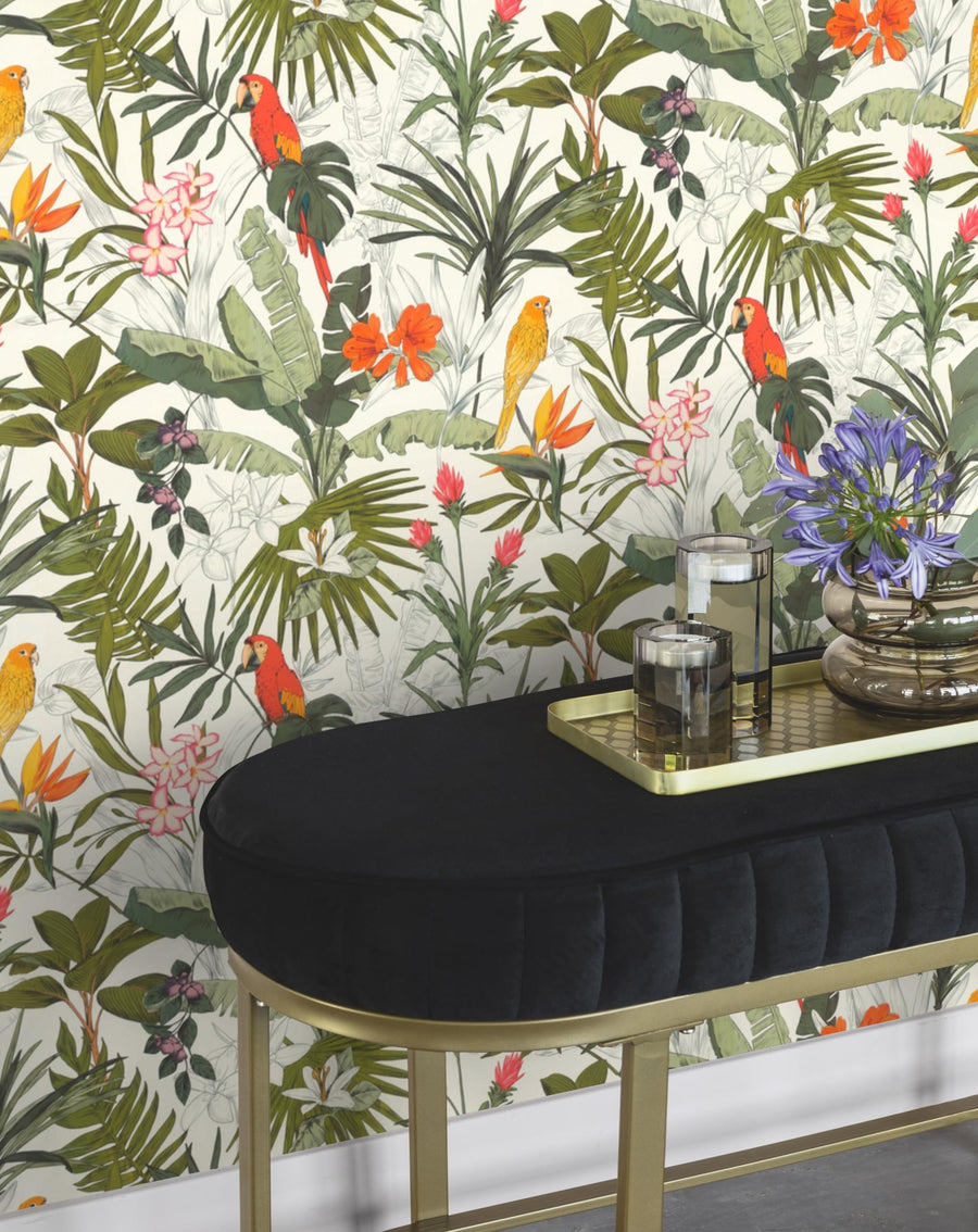 Rasch Papier peint intissé clair avec motif jungle et perroquets en vert, rouge et orange, 10,05 x 0,53 m (L x l)