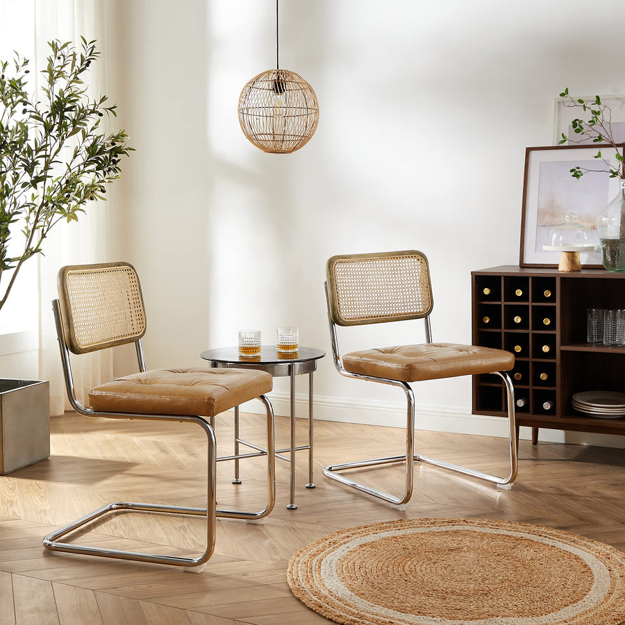 Zouron Chaises De Cuisine en Rotin Lot de 2, Chaises De Salle à Manger Modernes du Milieu du SièCle, Chaises De Cuisine sans Accoudoirs avec Dossier en Rotin Tressé, Pieds en MéTal, Marron