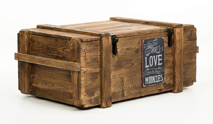 Voyage Vieux Coffre Table basse Cottage cuiseur vapeur Coffre en pin avec vintage Tin Sign Largeur : 110 cm Hauteur : 45 cm Profondeur : 60 cm