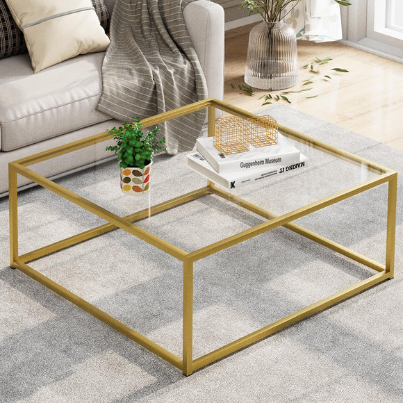 Petite table basse carrée en verre pour salon, table centrale simple et moderne pour petits espaces, table basse dorée pour salon, assemblage facile, 66 x 66 cm (doré et verre transparent)