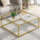 Petite table basse carrée en verre pour salon, table centrale simple et moderne pour petits espaces, table basse dorée pour salon, assemblage facile, 66 x 66 cm (doré et verre transparent)