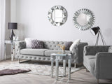 Canapé Fixe 3 Places Style Chesterfield Capitonnés en Tissu Gris Clair avec Pieds en Acier Inox Top Tendance pour Salon Chic et Glamour Beliani