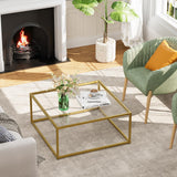 Petite table basse carrée en verre pour salon, table centrale simple et moderne pour petits espaces, table basse dorée pour salon, assemblage facile, 66 x 66 cm (doré et verre transparent)