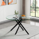 Binrrio Table de salle à manger ronde en verre de 120 cm, table de cuisine moderne pour 6 personnes avec pieds en métal noir, table de salle à manger transparente pour la maison, le bureau, la salle à