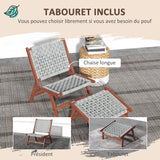 Outsunny Fauteuil de Jardin avec Repose-Pieds - Chaise Relax en Bois d'acacia et Corde résine tressée - Naturel, Gris