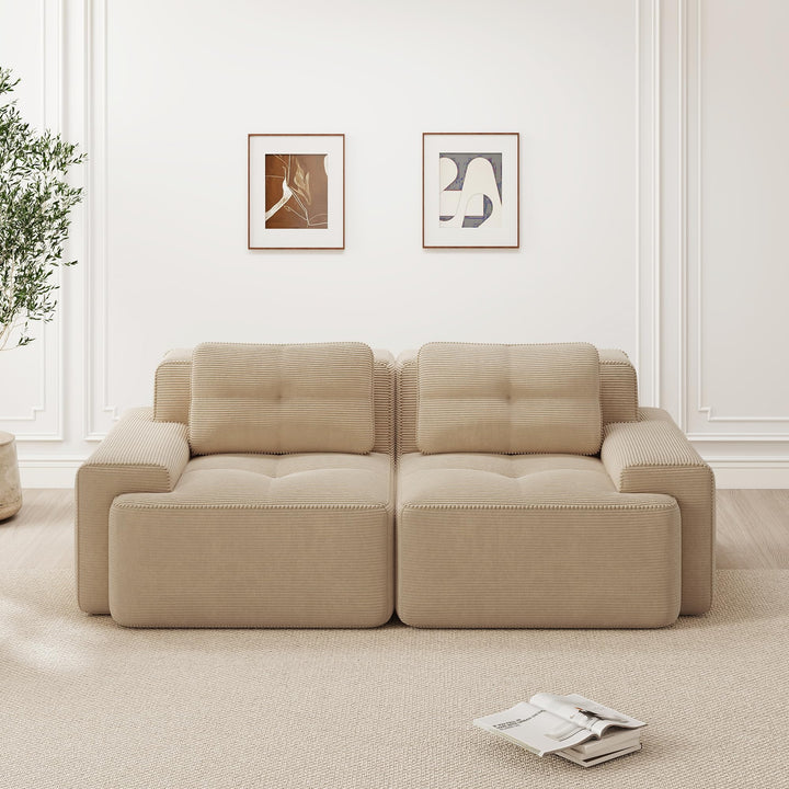 Yihomfy Canapé 2 Places Modulaire Désossé, Loveseat Small Canapé avec 2 Coussins, Confortable Velours Côtelé Cloud Canapé de Salon, sans Montage (Beige, 2 Sièges)