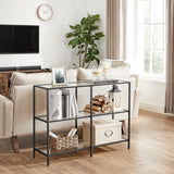 VASAGLE Table Console d’Entrée, Étagère à 3 Niveaux en Verre Trempé, 30 x 100 x 73 cm, Cadre en Métal, Style Moderne, pour Couloir, Salon, Chambre, Noir Classique et Transparent LGT027B01