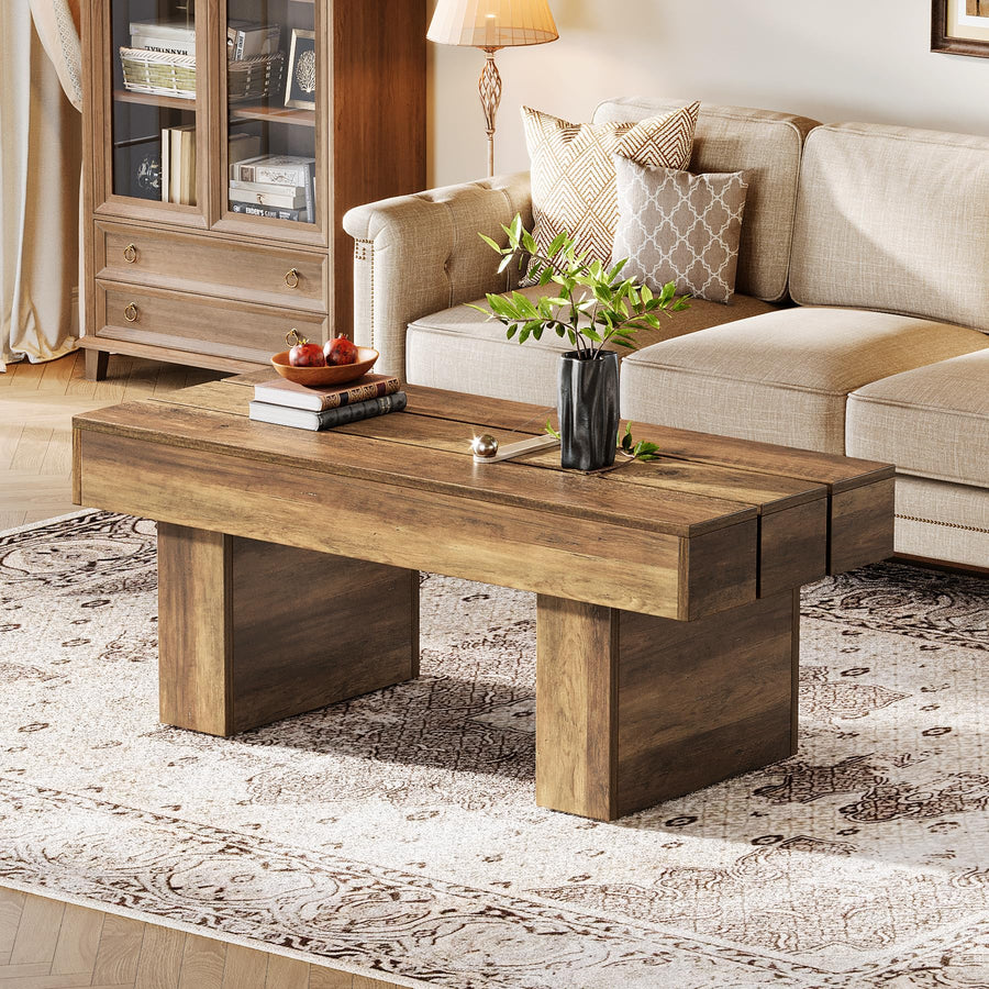 Tribesigns Table basse rectangulaire de 120 cm avec plateau à lattes et base épaisse, table à thé rustique en bois pour salon, appartement, marron Tribesigns Table basse rectangulaire de 120 cm avec plateau à lattes et base épaisse, table à thé rustique en bois pour salon, appartement, marron