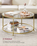 VASAGLE Table Basse Salon, Meuble de Salon en Verre, Cadre en AER, Table Basse Ronde, Doré LGT21G