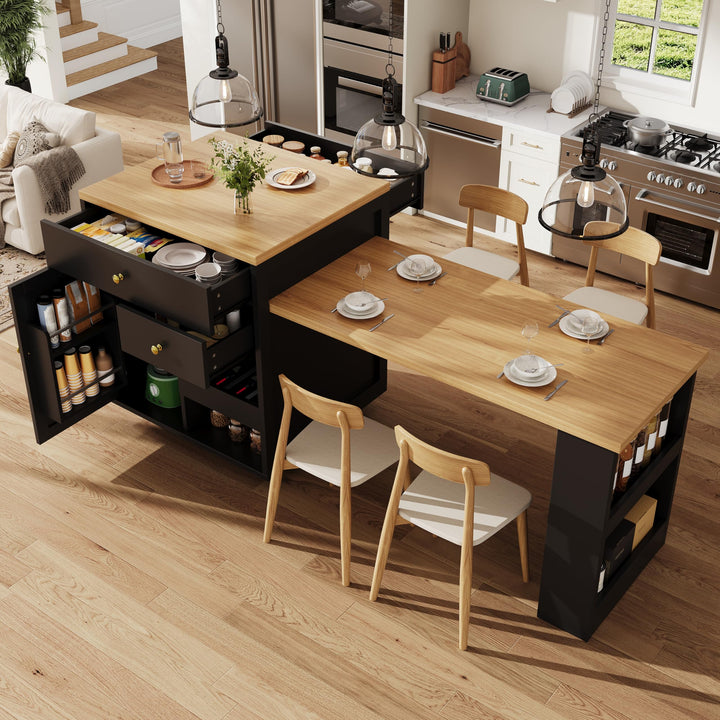 DHHU Îlot Central Cuisine avec Plan de Travail Extensible 122.5–195.5 cm, Table de Bar avec 3 Tiroir et 1 Porte de Rangement, Espace Rangement de Ouvert, pour 2-6 Personnes (Noir-6S)