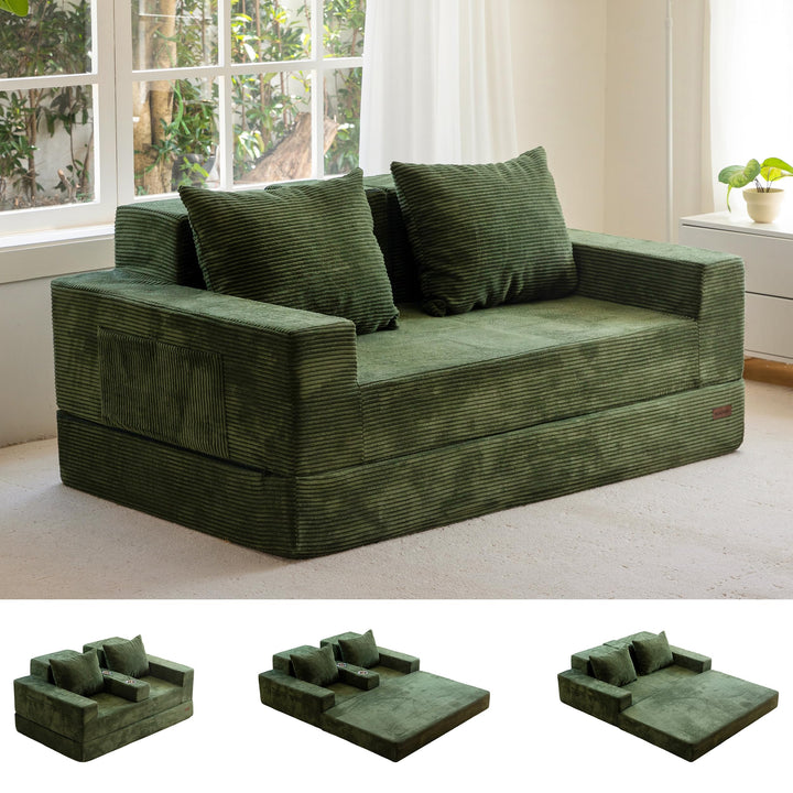 MAXYOYO Canapé-Lit Pliant, Méridienne en Velours Côtelé, Sofa Convertible avec Porte-Gobelet et Coussin, Canapé-Lit de Compression pour Salon, Chambre ou Chambre d'amis