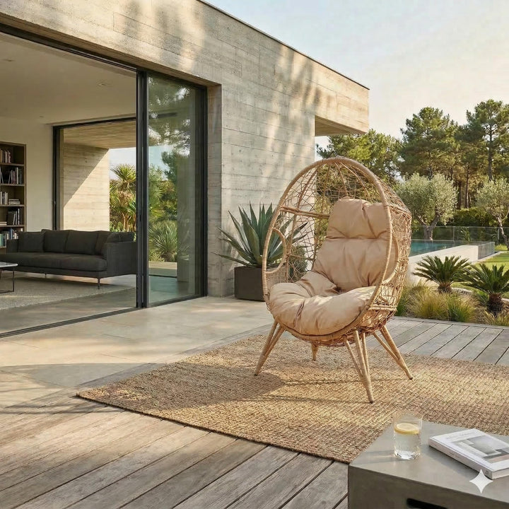 Fauteuil Œuf sur Pied avec Coussin Moelleux Beige - Design Jane en Résine Tressée Aspect Rotin - Hamac Suspendu Stable pour Balcon, Jardin ou Salon - Structure Acier Robuste, Résistant aux Intempéries Fauteuil Œuf sur Pied avec Coussin Moelleux Beige - Design Jane en Résine Tressée Aspect Rotin - Hamac Suspendu Stable pour Balcon, Jardin ou Salon - Structure Acier Robuste, Résistant aux Intempéries