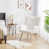 Yaheetech Fauteuil Scandinave en Tissu Bouclette Chaise d'appoint avec Haut Dossier Amovible Capiton Courbé Pieds Fuselés pour Salon Bureau Chambre Blanc
