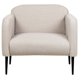 Fauteuil en Tissu Lin et Polyester Taupe Pieds en Métal Noir Hauts Accoudoirs Stouby