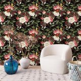 VEELIKE Papier Peint Fleuri Foncé Vintage Papier Peint Fleur Rose Aquarelle Papier Peint Adhesif Mural Botanique Noir Papier Collant pour Meuble Chambre Salle de Bain Armoire Amovible 44,5cm×300cm
