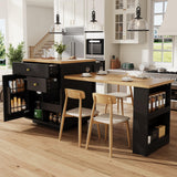 DHHU Îlot Central Cuisine avec Plan de Travail Extensible 122.5–195.5 cm, Table de Bar avec 3 Tiroir et 1 Porte de Rangement, Espace Rangement de Ouvert, pour 2-6 Personnes (Noir-6S)