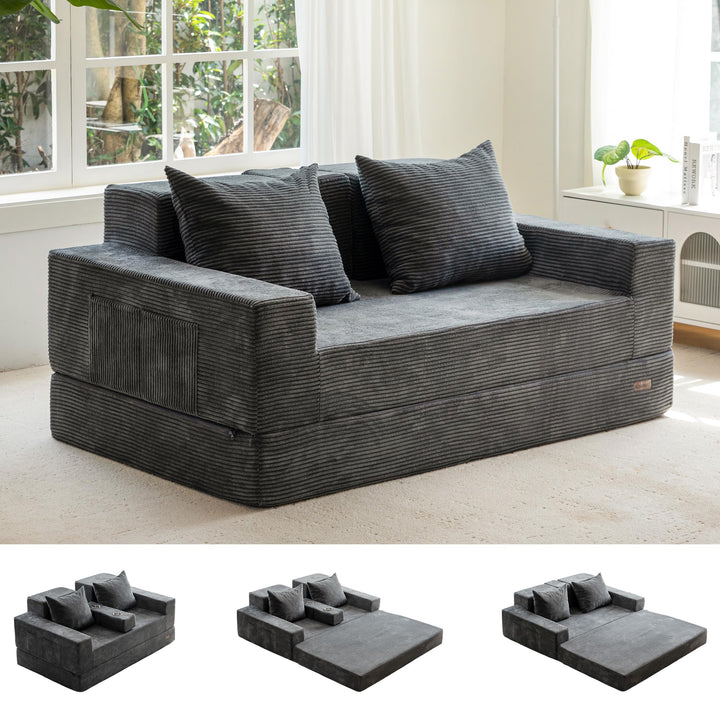 MAXYOYO Canapé-Lit Pliant, Méridienne en Velours Côtelé, Sofa Convertible avec Porte-Gobelet et Coussin, Canapé-Lit de Compression pour Salon, Chambre ou Chambre d'amis