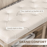 HOMCOM Banquette, Banc à Chaussures capitonnée, Bout de lit, 115 cm, 2 Niveaux étagère, Style Classique, piètement en Bois sculpté, rembourrée en Lin, Beige