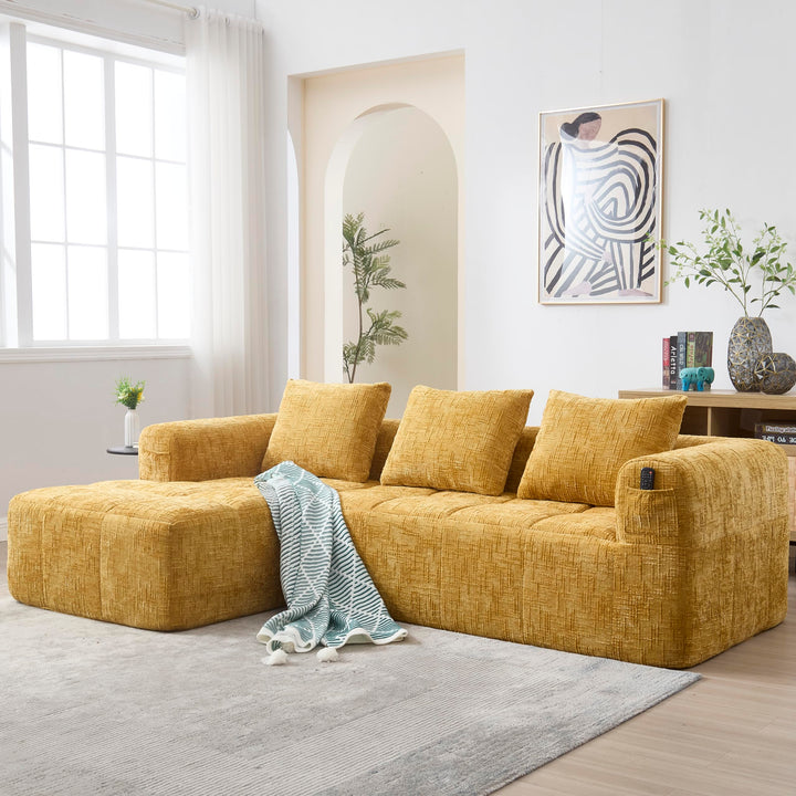 Yihomfy 250cm Canapé d Yihomfy 250cm Canapé d'angle Convertible,Canapé-lit d'angle modulable en Forme de L,Canape Compressé,Canapé 3 Places Modulable avec Coussins, Poche Latérale,Canapé 2 Places + Coin Méridienne,Jaune