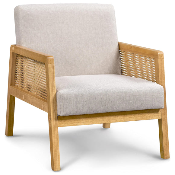 Yaheetech Fauteuil de Salon en Bois Design Rotin Massif et en Tissu Fauteuil Relax avec Coussins Rembourrés Fauteuil d'appoint pour Salon Chambre Terrasse Véranda Jardin Beige/1