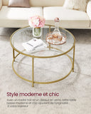 VASAGLE Table Basse Salon, Meuble de Salon en Verre, Cadre en AER, Table Basse Ronde, Doré LGT21G