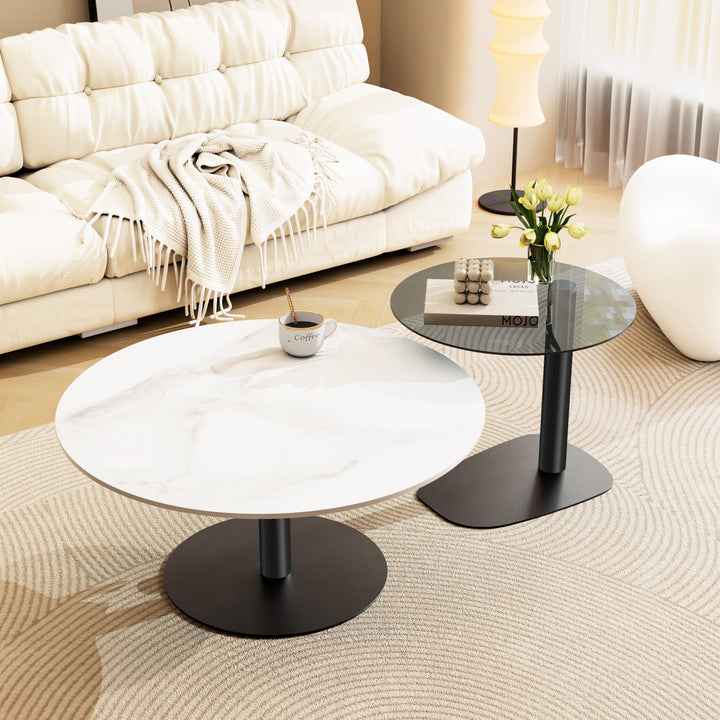 FATIVO Lot de 2 Tables Basses Gigognes: Table Basse Ronde de Salon Design Table à Café Moderne en Pierre Frittée Blanche avec Petite Table Basse en Verre Grise - 80x38.5cm + 50x45cm