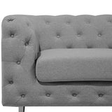 Canapé Fixe 3 Places Style Chesterfield Capitonnés en Tissu Gris Clair avec Pieds en Acier Inox Top Tendance pour Salon Chic et Glamour Beliani