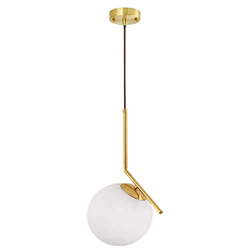 HJXDtech Luminaire Suspension avec abat-jour boule en verre blanc Lampe à suspension de plafond Loft Bar en métal doré, Cuisine Salon & Salle à manger Lustre (1-lumière)
