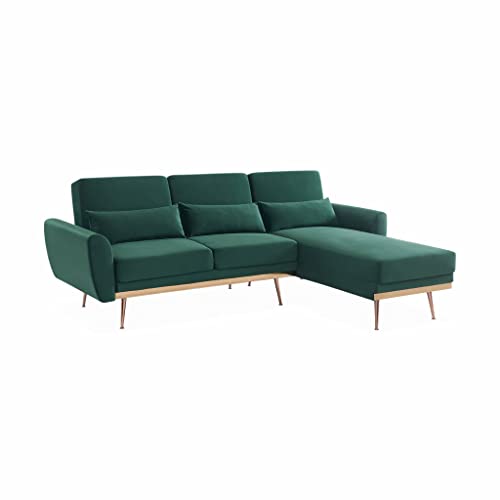 - Canapé d - Canapé d'angle Convertible. réversible 3 Places. Velours Vert Anglais. Pieds Fins Or Rose