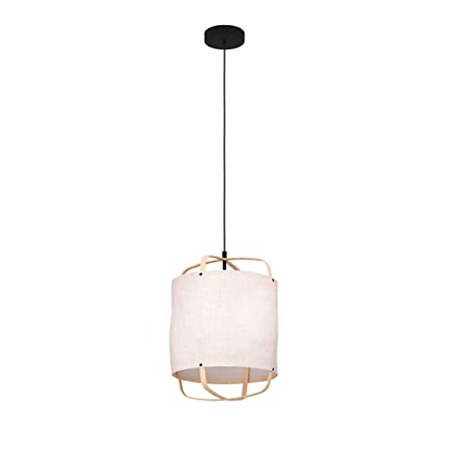 Eglo Suspension luminaire Surfleet, lustre au design nature pour salon et salle à manger, plafonnier à suspendre, lampe de plafond en lin beige, bois bambou et métal noir, douille E27 Eglo Suspension luminaire Surfleet, lustre au design nature pour salon et salle à manger, plafonnier à suspendre, lampe de plafond en lin beige, bois bambou et métal noir, douille E27