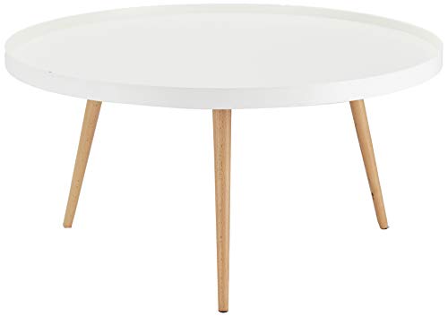 Furnhouse Moderne Scandinave Rétro Vintage Design Blanc Table à café Opus, Couleur Naturelle Hêtre Massif Pieds, 90x90x45