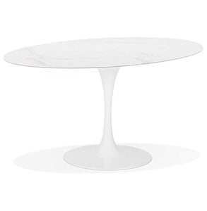 Alterego Table à Manger Design 'CHAMAN' Ovale Blanche en Verre Effet marbre - 160x105 cm