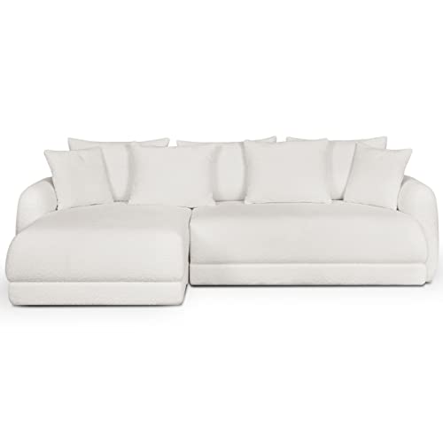 HOMIFAB Canapé d'angle Gauche 5 Places Convertible avec Coffre de Rangement en Tissu bouclettes écru - Giulia