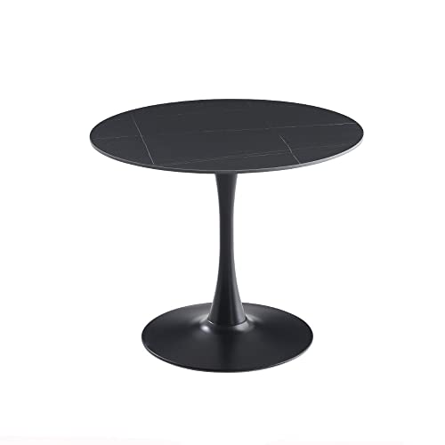Casa Vital Table à manger Interlanta, noir, 90 x 90 x 75 cm, rond, plateau en pierre frittée, motif marbre noir, pied colonne en métal, plateau de base large et stable