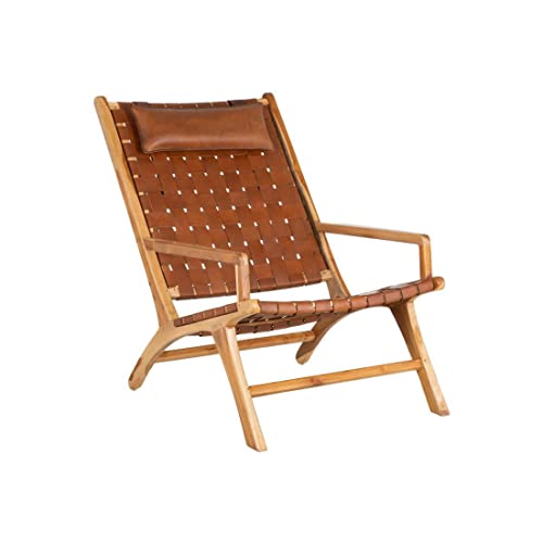 Tousmesmeubles Fauteuil Teck/Cuir tressé Cognac avec Coussin - Essaouira - L 66 x l 97 x H 90 - Neuf Tousmesmeubles Fauteuil Teck/Cuir tressé Cognac avec Coussin - Essaouira - L 66 x l 97 x H 90 - Neuf