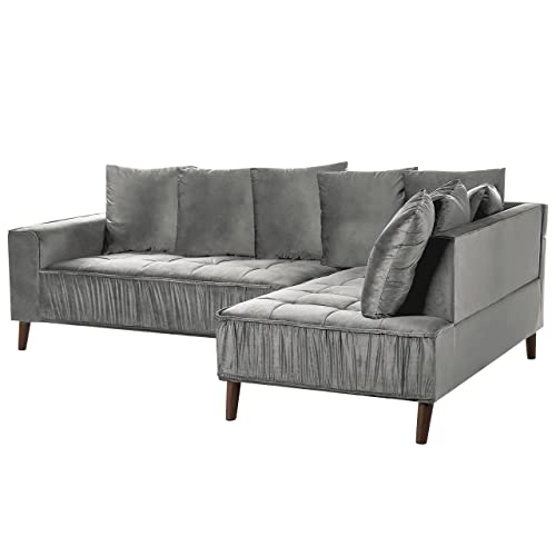 Canapé Moderne en Velours Gris d'Angle Gauche Pieds en Bois d'Eucalyptus Grena