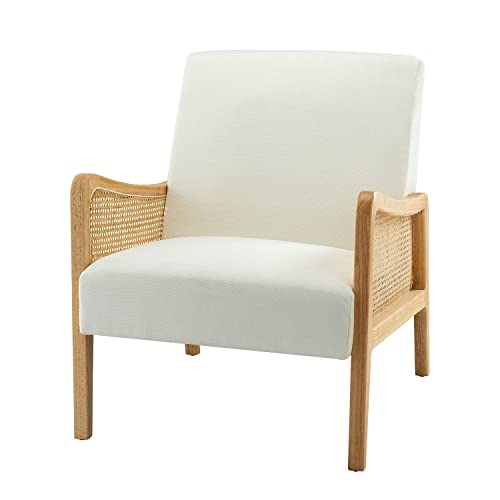 Chaise d Chaise d'appoint moderne du milieu du siècle chaises rembourrées en velours avec tricot en bambou fauteuil confortable en tissu de lin avec accoudoirs en rotin pour salon,Blanc