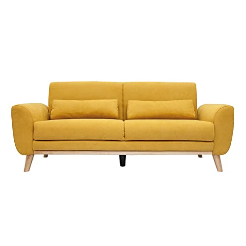 Miliboo Canapé scandinave 3 Places en Tissu Effet Velours Jaune Moutarde et Bois Clair EKTOR