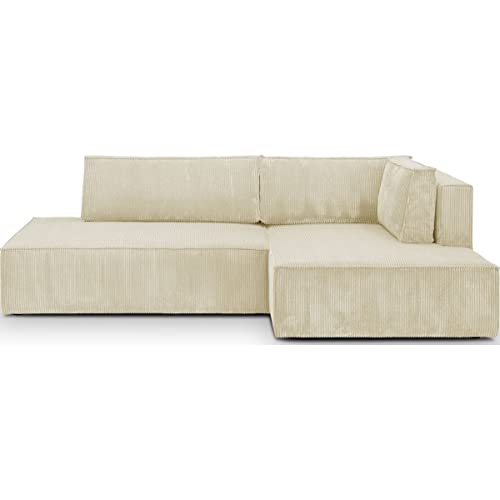 HOMIFAB Canapé d'angle à Droite Convertible 3 Places avec Coffre en Velours côtelé Beige - Barani
