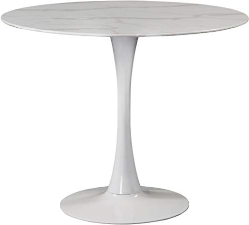 Meridian Furniture Holly Collection Modern | Table de salle à manger ronde contemporaine avec plateau en imitation marbre 91,4 cm de large, base en métal blanc