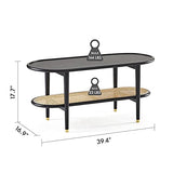 Harmati Table basse pour salon – Table d'appoint noire avec rangement, tables modernes du milieu du siècle, pieds en bois massif et rotin naturel