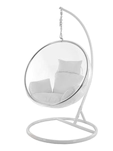 Kideo® Set complet : fauteuil suspendu avec structure et coussin, demi-coque, bulle transparent (structure : blanc/panier : transparent), coussin : blanc (1000 Snow))