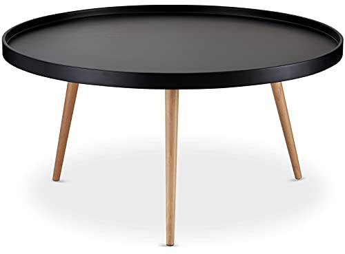 Furnhouse Ibbe Design Opus Ronde Table Basse de Salon Style Moderne Skandinave Table de Salon Noir, MDF et Bois Pieds en Bois de Hêtre Massif, 90x90x45 cm