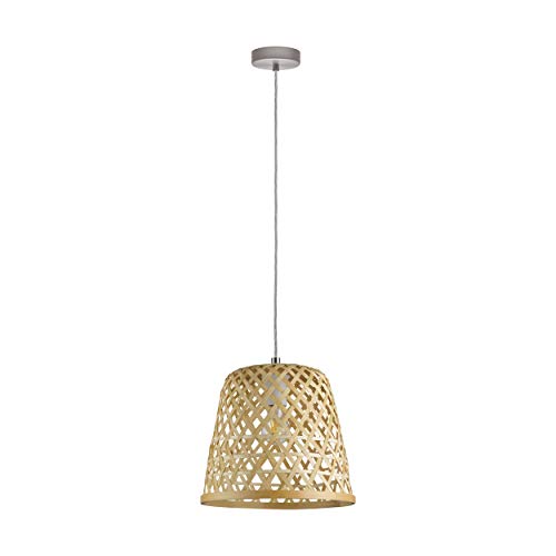 Eglo Suspension Kirkcolm 1 lampe suspendue Vintage Naturel Boho Hygge Suspension en Acier Corbeille Bois Tressé Naturel Lampe de Table de Salon Suspension avec Culot E27