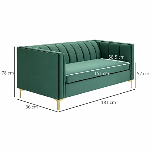 HOMCOM Canapé 3 Places Style Art Déco piètement Acier doré revêtement Velours Vert Sapin