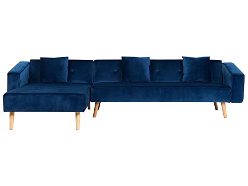 Canapé d Canapé d'Angle Côté Droit Convertible pour 4 Personnes en Velours Bleu et Pieds en Bois pour Salon Scandinave Beliani