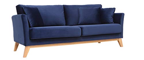 Canapé scandinave 3 Places Velours Bleu Nuit Pieds Bois Oslo